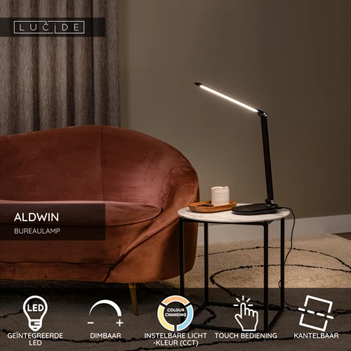 Lucide ALDWIN - Bureaulamp - LED Dimb. - CCT - 1x8W 2800K/6500K - Zwart - USP